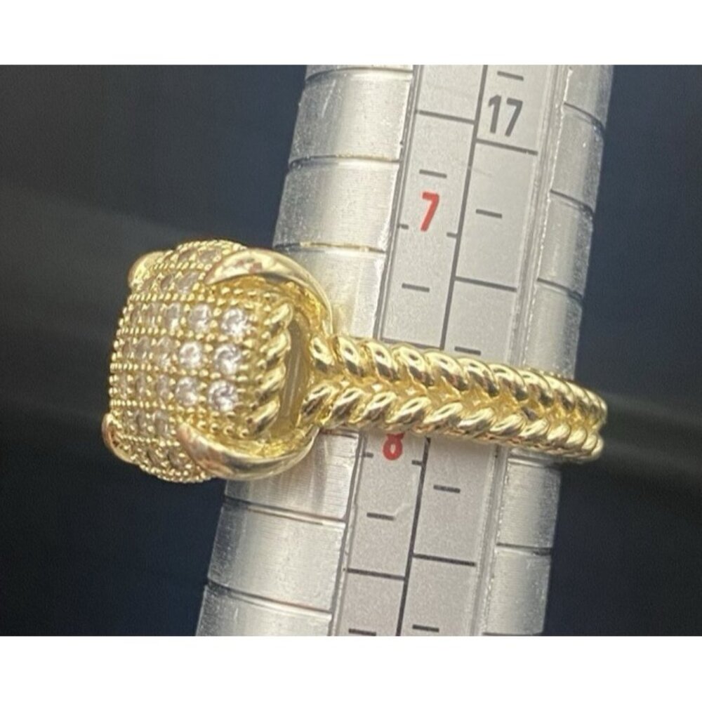 Square Cushion Pave CZ Ring Size 8 Yellow Gold Tone Designer Style Rope Detail - Picture 2 of 11